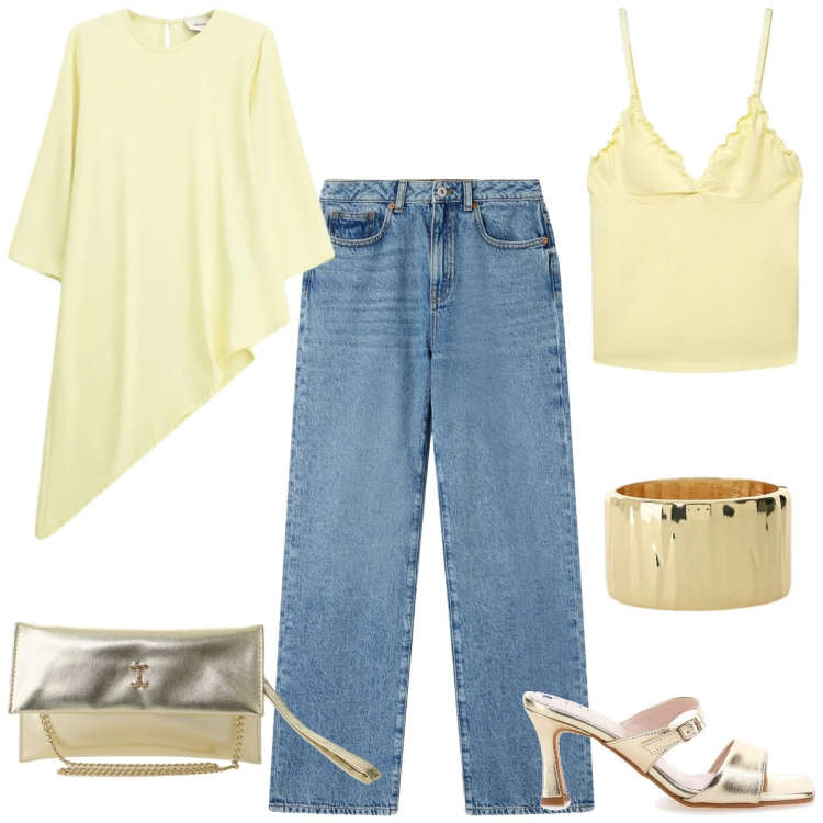 Outfit donna - Blusa + jeans. Stile Casual chic per Tutti i giorni. Abbinamento con canottiere, jeans dritti, borse a tracolla, braccialetti, bluse, scarpe col tacco.