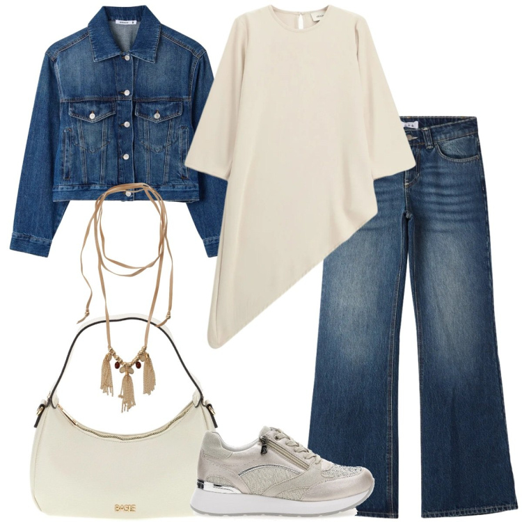 Outfit donna - Blusa + jeans. Stile Casual chic per Tutti i giorni. Abbinamento con jeans, cappotti, collane, bluse, borse a tracolla, sneakers alte.