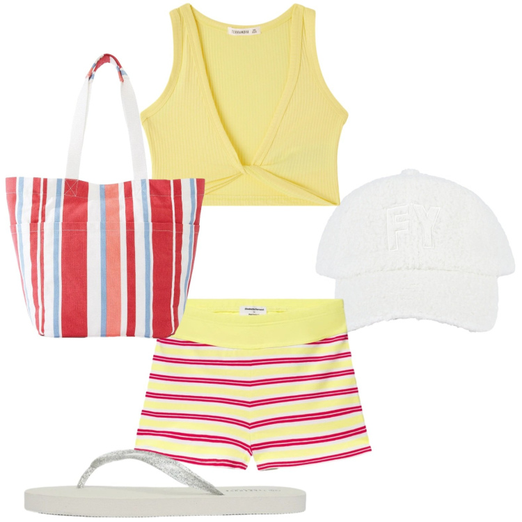 Outfit donna - Righe in spiaggia. Stile Trendy per Tutti i giorni. Abbinamento con shopping bag, top, infradito, shorts, cappelli con visiera.