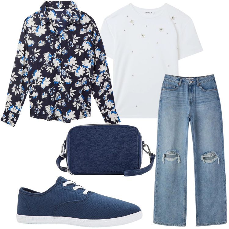 Outfit donna - Fiori e jeans. Stile Casual per Tutti i giorni. Abbinamento con sneakers, borse a tracolla, camicie, t-shirt, jeans strappati.