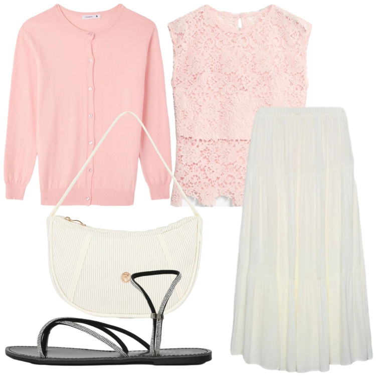 Outfit donna - Eleganza semplice. Stile Glamour per Tutti i giorni. Abbinamento con canottiere, sandali, gonne lunghe, cardigans, borse a mano.