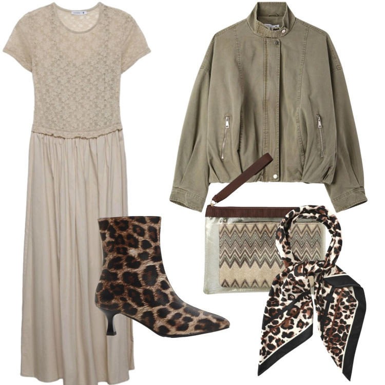 Outfit donna - Accessori maculati. Stile Glamour per Tutti i giorni. Abbinamento con stivaletti, foulard, vestiti lunghi, bomber, pochette.