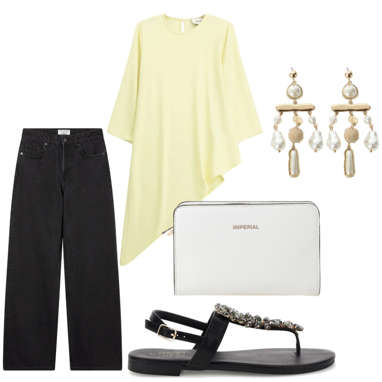Outfit donna - Blusa + jeans. Stile Basic per Tutti i giorni. Abbinamento con jeans, borse a tracolla, orecchini, bluse, sandali gioiello.
