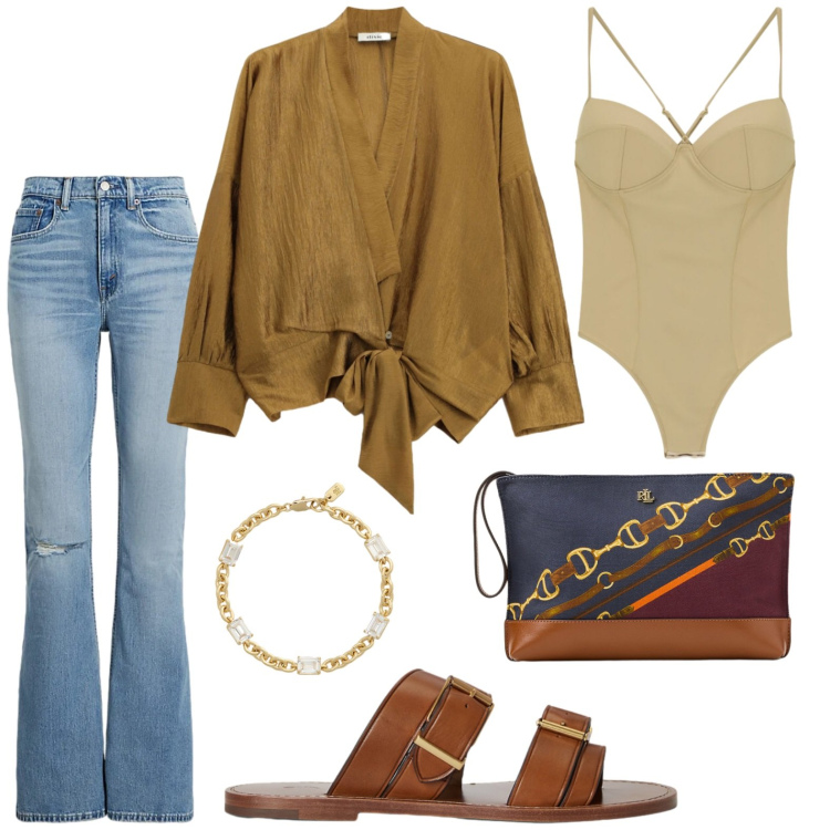 Outfit donna - Blusa + jeans. Stile Urban per Tutti i giorni. Abbinamento con body, bluse, jeans, sandali in pelle, pochette, braccialetti.