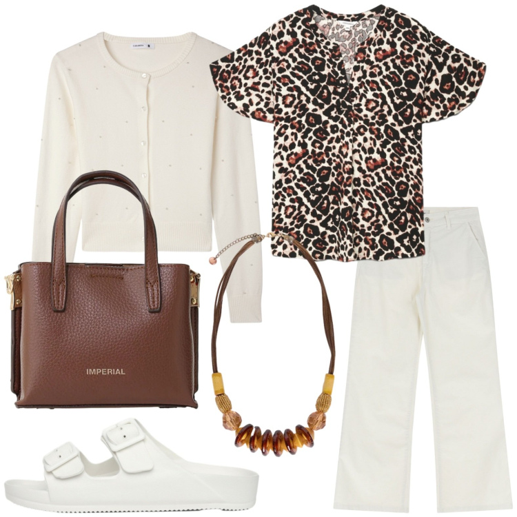 Outfit donna - Blusa + jeans. Stile Glamour per Tutti i giorni. Abbinamento con cardigans, bluse, ciabatte, borse a tracolla, jeans, collane.