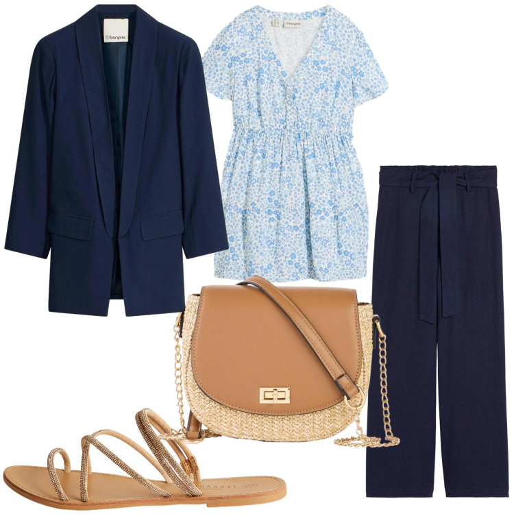 Outfit donna - Fiori romantici. Stile Urban per Tutti i giorni. Abbinamento con pantaloni culotte, blazer, borse a tracolla, bluse, sandali.