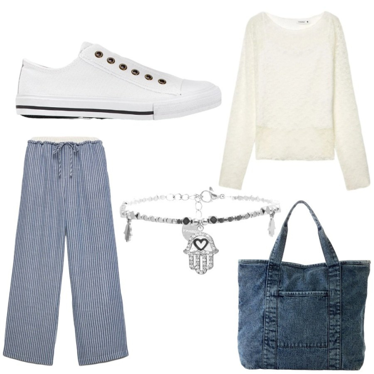 Outfit donna - Total look #2404640. Stile Casual per Ufficio. Abbinamento con sneakers, shopping bag, t-shirt, pantaloni, braccialetti.