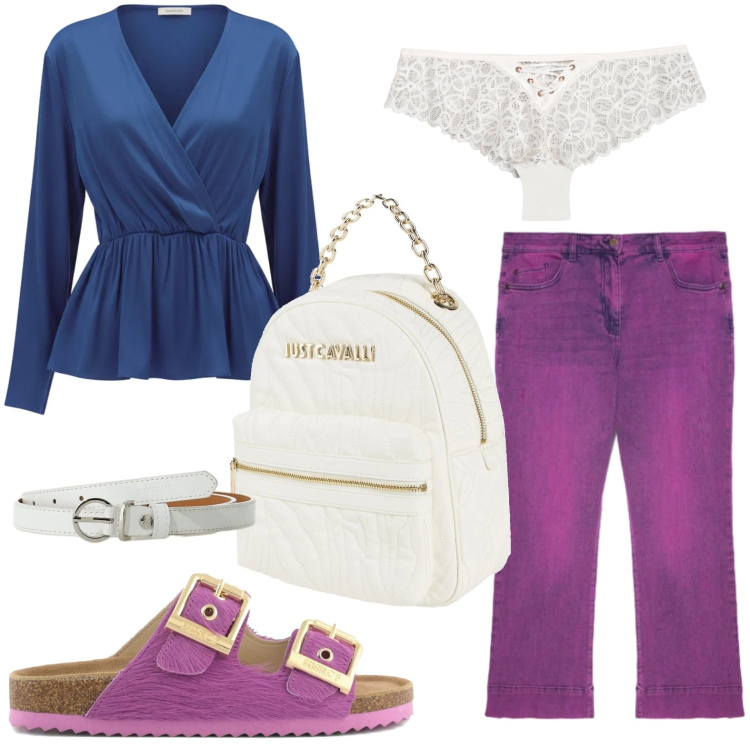 Outfit donna - Stile disinvolto. Stile Minimal per Tutti i giorni. Abbinamento con zaini, culotte, cinture, bluse, jeans, sandali in pelle.