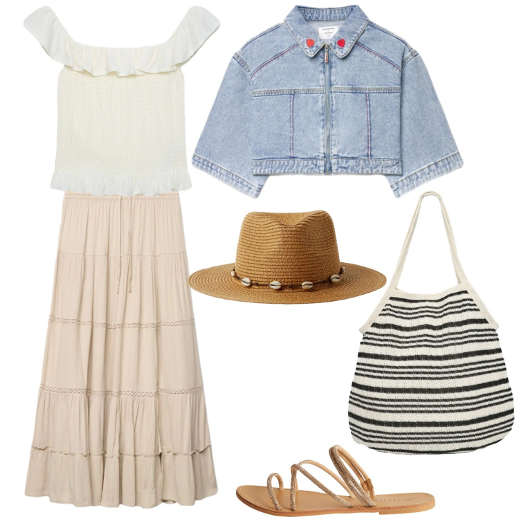 Outfit donna - Boho mood. Stile Boho per Tutti i giorni. Abbinamento con sandali, cappelli, gonne lunghe, shopping bag, cappotti, top.