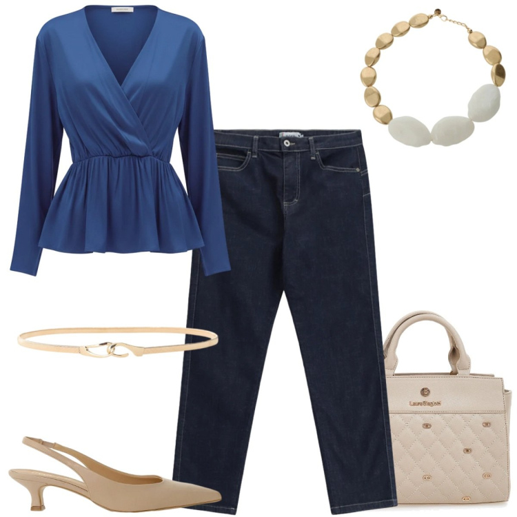Outfit donna - Blusa + jeans. Stile Casual chic per Ufficio. Abbinamento con bluse, jeans slim fit, collane, décolleté, cinture, borse a mano.
