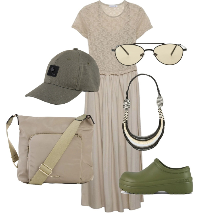 Outfit donna - Total look #2404645. Stile Casual chic per Tutti i giorni. Abbinamento con borse a tracolla, vestiti lunghi, occhiali da sole, collane, cappelli con visiera, sandali.
