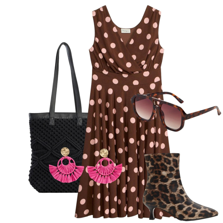 Outfit donna - Total look #2404647. Stile Casual per Serata fuori. Abbinamento con vestiti, shopping bag, orecchini, occhiali da sole, stivaletti.