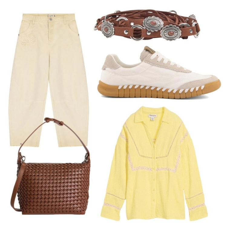 Outfit donna - Un po\' del colore del sole. Stile Casual per Ufficio. Abbinamento con bluse, cinture, borse a spalla, pantaloni, sneakers.