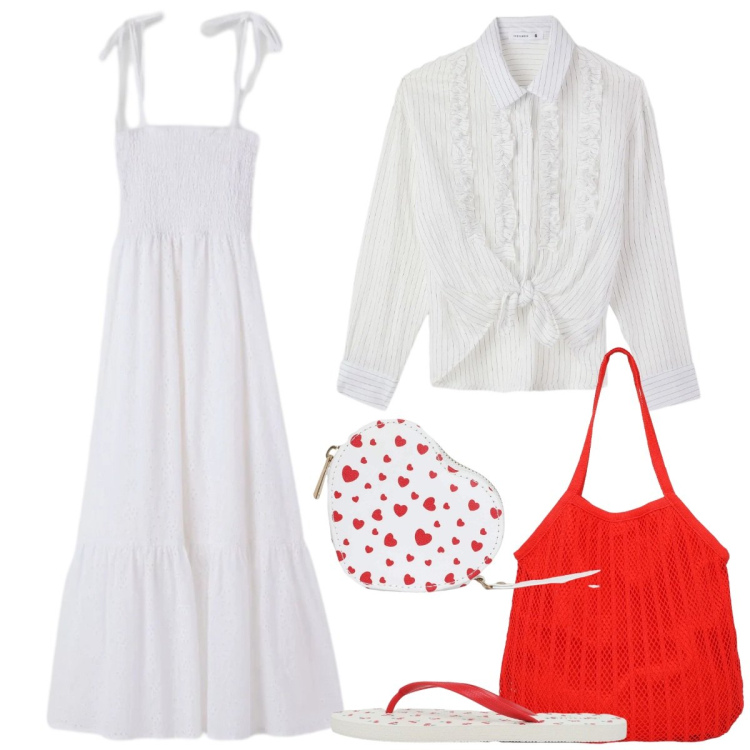 Outfit donna - Terranova White Boho Mood. Stile Boho per Tutti i giorni. Abbinamento con vestiti lunghi, portafogli, camicie, shopping bag, infradito.