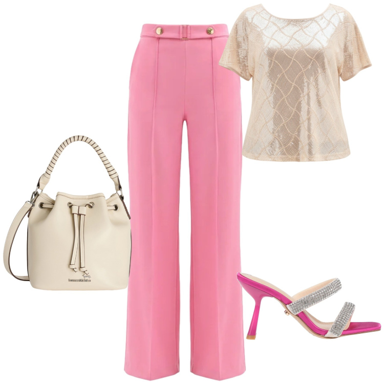 Outfit donna - Rose?. Stile Bon Ton per Tutti i giorni. Abbinamento con sandali col tacco, pantaloni a palazzo, bluse, borse a secchiello.