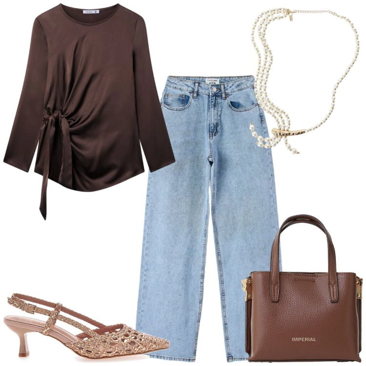 Outfit donna - Blusa + jeans. Stile Casual chic per Ufficio. Abbinamento con jeans, bluse, borse a tracolla, collane, décolleté.