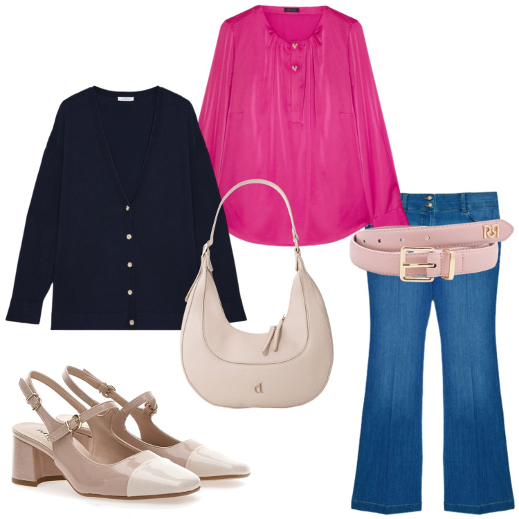 Outfit donna - Casual e romantica. Stile Casual chic per Tutti i giorni. Abbinamento con cinture, borse a tracolla, jeans, bluse, cardigans, décolleté.