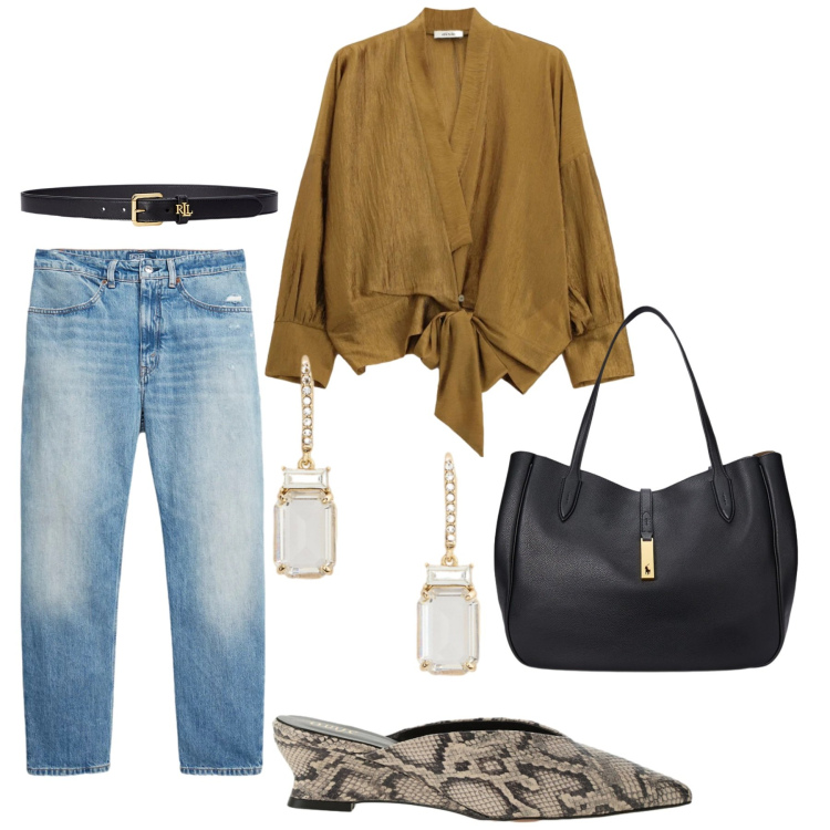 Outfit donna - Total look #2404662. Stile Glamour per Tutti i giorni. Abbinamento con jeans, borse tote, cinture, orecchini, sabot, bluse.