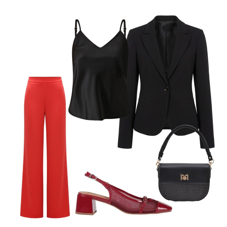 Outfit donna - Invitata perfetta. Stile Chic per Cerimonia. Abbinamento con décolleté, blazer, top, borse a spalla, pantaloni a palazzo.