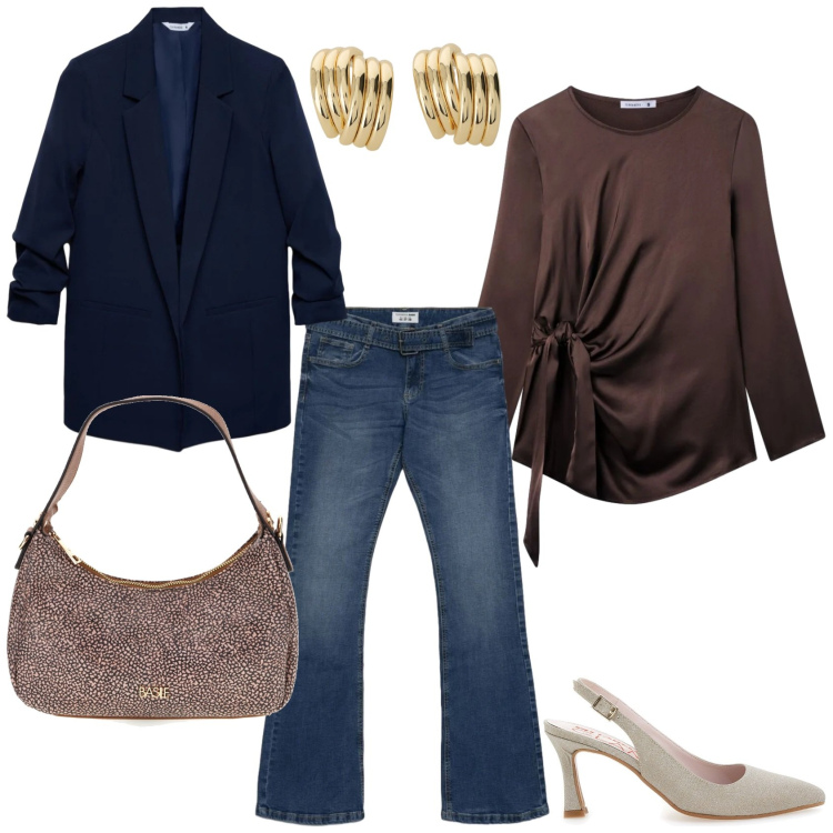 Outfit donna - Primavera 2026: un outfit da ufficio. Stile Casual chic per Ufficio. Abbinamento con bluse, blazer, jeans a zampa, orecchini, décolleté, borse a tracolla.