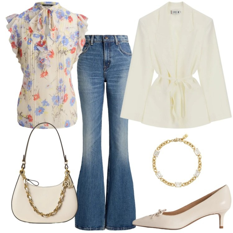 Outfit donna - Blusa e jeans, che look!. Stile Casual chic per Tutti i giorni. Abbinamento con blazer, borse a spalla, bluse, jeans, décolleté, braccialetti.