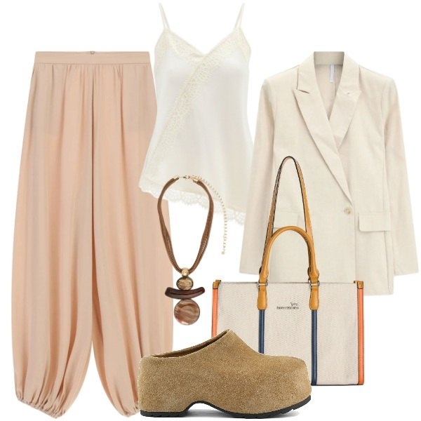 Outfit donna - Maggio mi voglio vestire - @star67. Stile Boho per Tutti i giorni. Abbinamento con canottiere, pantaloni a palazzo, blazer, borse tote, ciondoli, zoccoli.