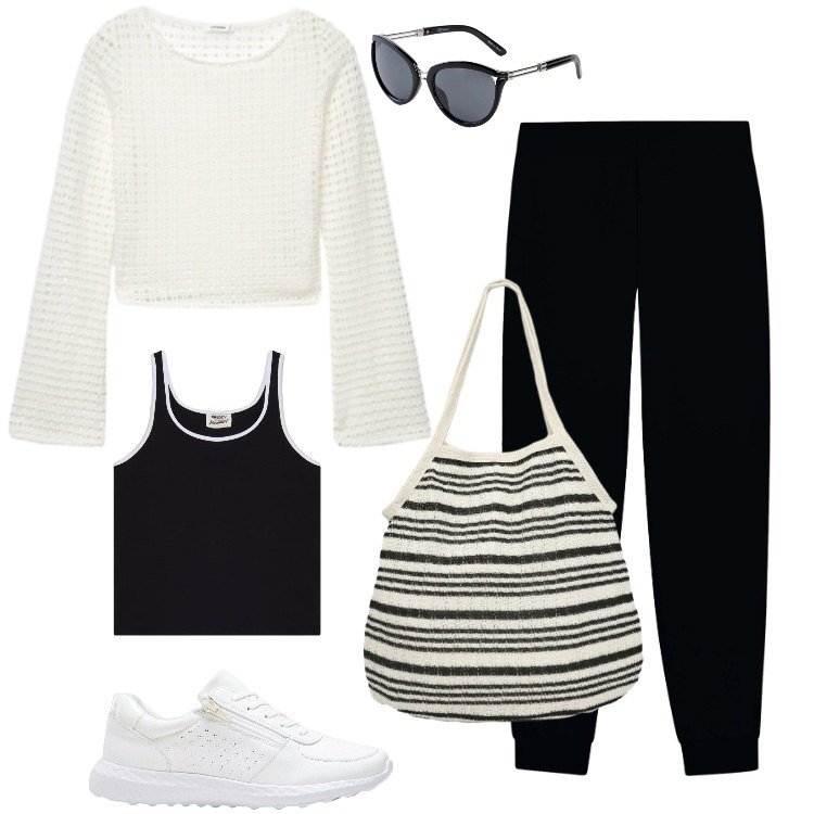 Outfit donna - Total look #2404673. Stile Basic per Tutti i giorni. Abbinamento con sneakers, occhiali da sole, maglieria, shopping bag, pantaloni, canottiere.