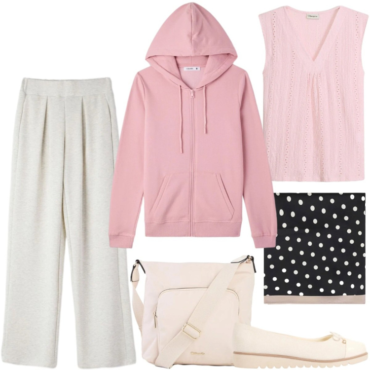 Outfit donna - Maggio mi voglio vestire. Stile Casual chic per Tutti i giorni. Abbinamento con canottiere, ballerine, borse a tracolla, pantaloni, felpe con cappuccio, foulard.