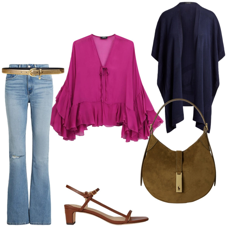 Outfit donna - Femminilità casual. Stile Casual chic per Tutti i giorni. Abbinamento con bluse, sandali in pelle, jeans, borse a spalla, cappe, cinture.