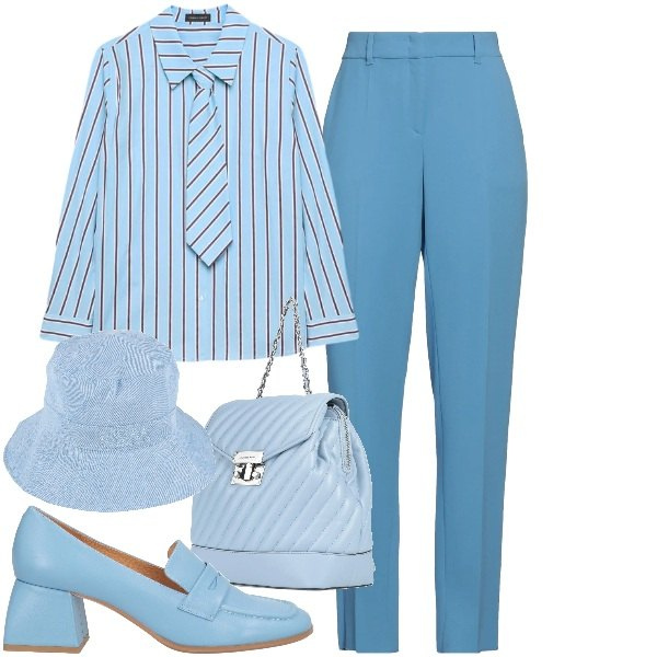 Outfit donna - La tendenza del color block - @tiffany22. Stile Mannish per Ufficio. Abbinamento con zaini, mocassini, pantaloni, cappelli, camicie.