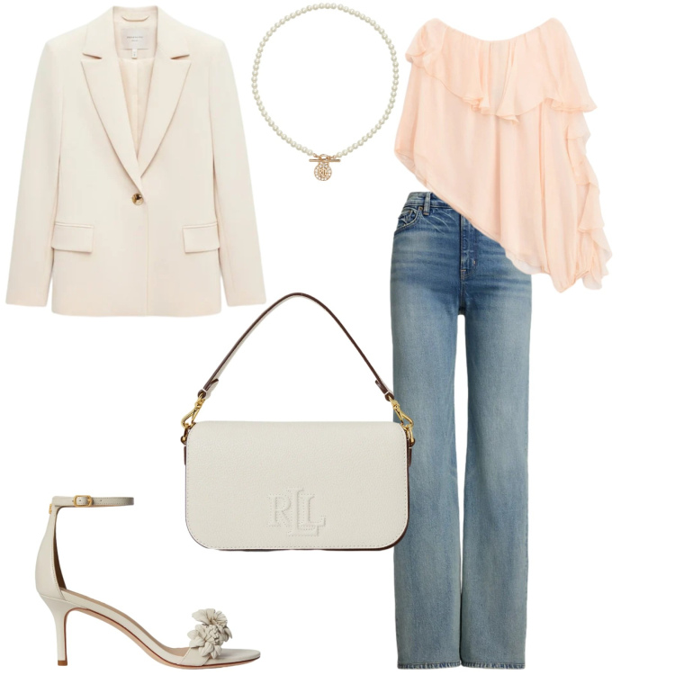 Outfit donna - In rosa, panna e blue jeans. Stile Romantica per Serata fuori. Abbinamento con blazer, bluse, jeans, ciondoli, borse a spalla, sandali in pelle.