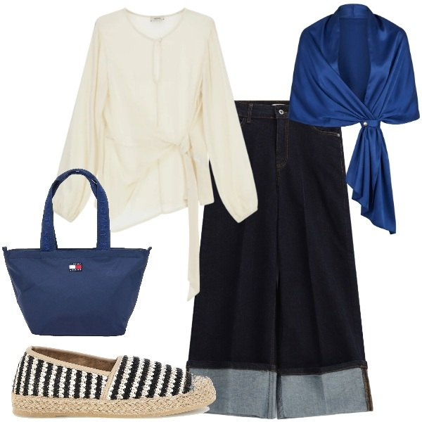 Outfit donna - Blusa + jeans - Il nuovo everyday look. Stile Casual chic per Tutti i giorni. Abbinamento con stole, jeans, bluse, borse tote, espadrillas.
