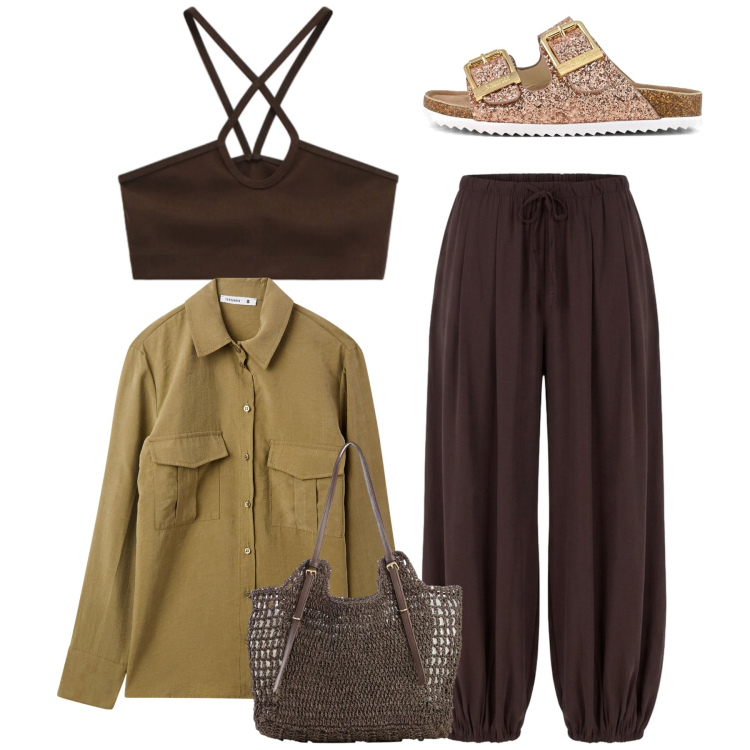 Outfit donna - Total brown. Stile Casual per Tutti i giorni. Abbinamento con shopping bag, camicie, pantaloni, top, sandali.