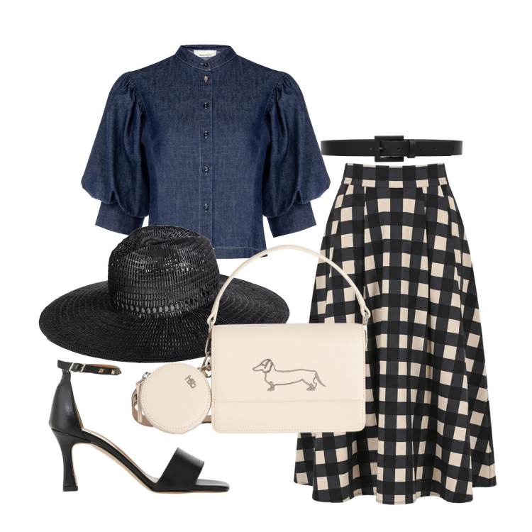 Outfit donna - Maggio. Stile Bon Ton per Tutti i giorni. Abbinamento con cappelli, borse a tracolla, sandali col tacco, gonne longuette, camicie a manica corta, cinture.