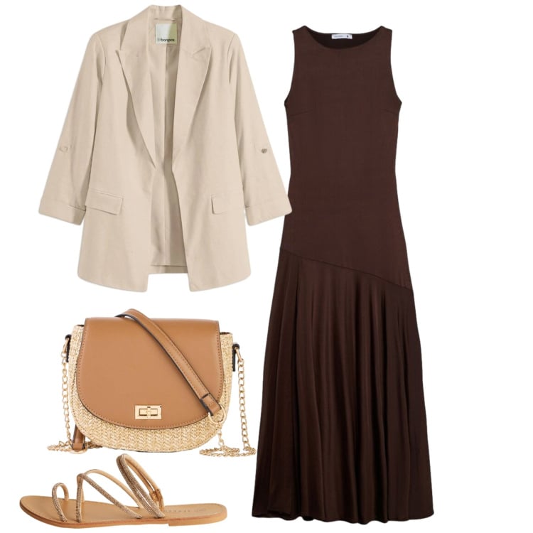 Outfit donna - Lungo e sandali. Stile Chic per Tutti i giorni. Abbinamento con borse a tracolla, blazer, vestiti lunghi, sandali.