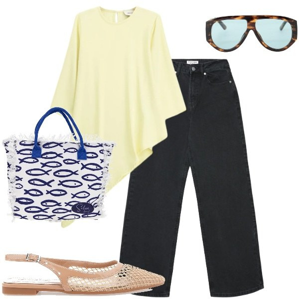 Outfit donna - Blusa + jeans - Il nuovo everyday look. Stile Casual chic per Tutti i giorni. Abbinamento con jeans, bluse, occhiali da sole, ballerine, shopping bag.