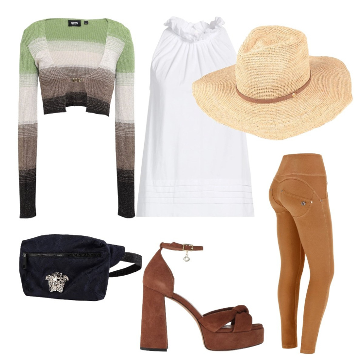 Outfit donna - 18esimo al mare. Stile Casual chic per Mare. Abbinamento con marsupi, sandali in pelle, cappelli, top, pullovers, pantaloni skinny.