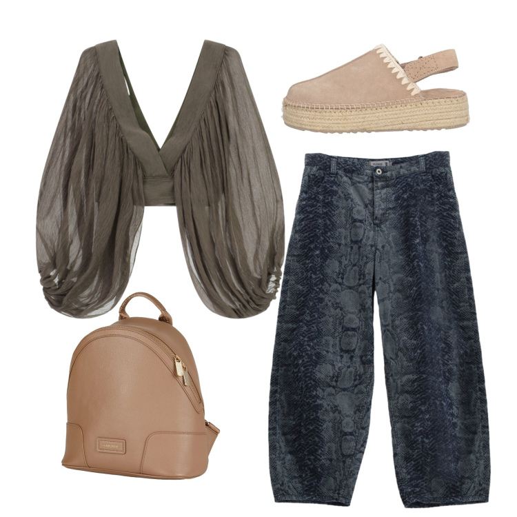 Outfit donna - Total look. Stile Casual per Tutti i giorni. Abbinamento con zaini, espadrillas, top, jeans.