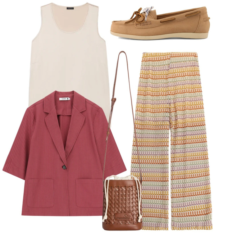 Outfit donna - Passeggiata. Stile Bon Ton per Tutti i giorni. Abbinamento con pantaloni a palazzo, borse a secchiello, blazer, canottiere, mocassini.