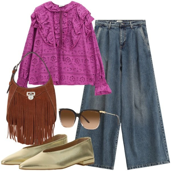 Outfit donna - Blusa + jeans - Il nuovo everyday look. Stile Etnico per Tutti i giorni. Abbinamento con ballerine, jeans, bluse, occhiali da sole, borse a tracolla.