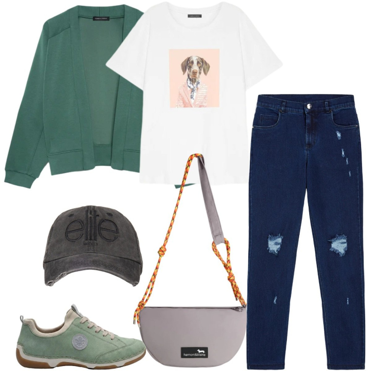 Outfit donna - Look da giornata all\'aperto - curvy. Stile Sporty chic per Tutti i giorni. Abbinamento con sneakers, borse a tracolla, felpe, t-shirt, jeans skinny, cappelli.