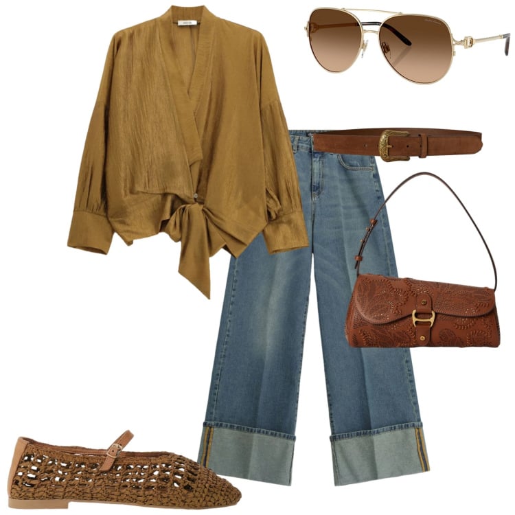 Outfit donna - Blusa+jeans. Stile Casual chic per Tutti i giorni. Abbinamento con jeans, bluse, ballerine, occhiali da sole, borse a spalla, cinture.
