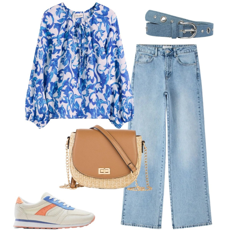 Outfit donna - Maggio mi voglio vestire. Stile Casual chic per Tutti i giorni. Abbinamento con tuniche, sneakers, borse a tracolla, cinture, jeans dritti.