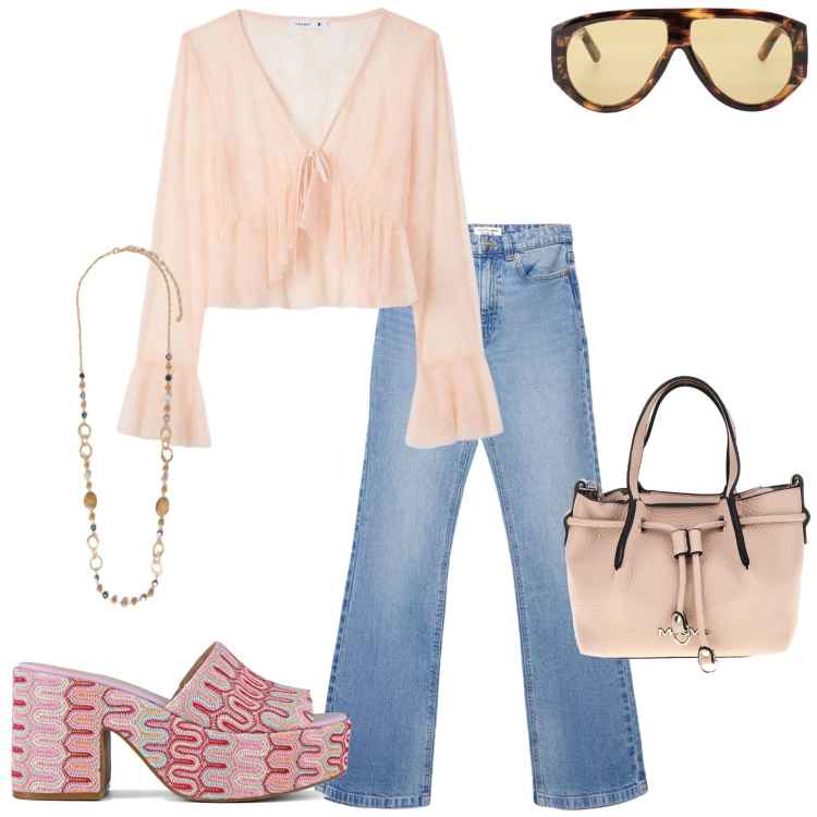 Outfit donna - Blusa +jeans. Stile Casual chic per Tutti i giorni. Abbinamento con bluse, jeans bootcut, occhiali da sole, collane, sabot, borse a spalla.