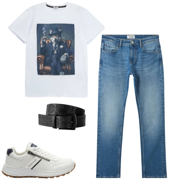 Outfit uomo - Maggio. Stile Casual per Tutti i giorni. Abbinamento con cinture, sneakers, jeans, t-shirt.
