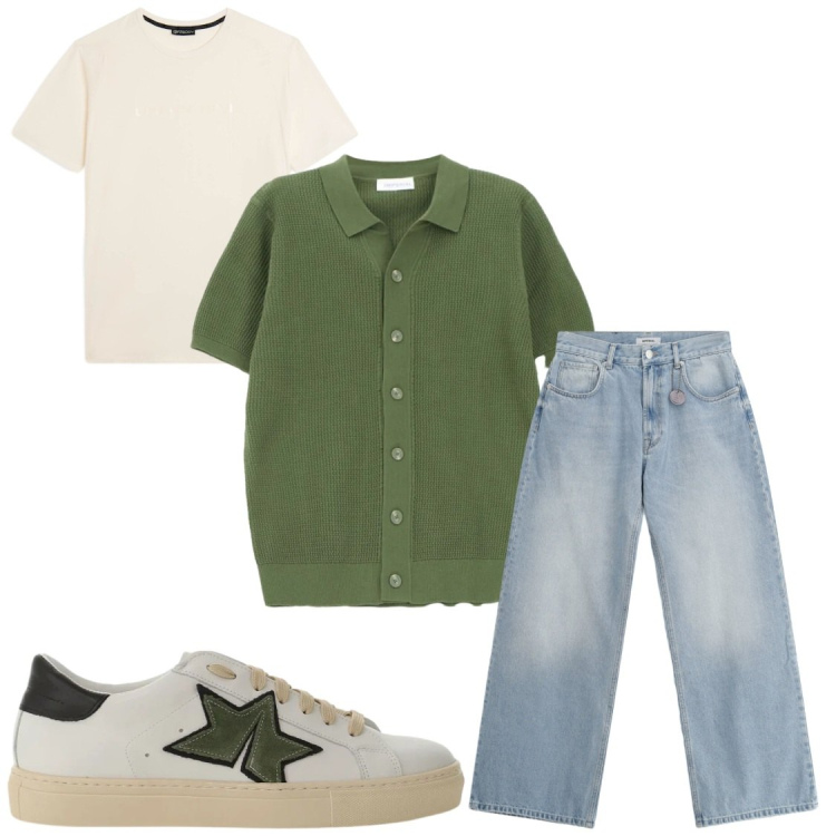 Outfit uomo - Università. Stile Casual per Tutti i giorni. Abbinamento con cardigans, jeans, sneakers, t-shirt sportive.