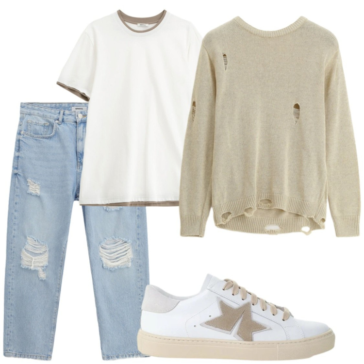 Outfit uomo - Fredda primavera. Stile Casual per Tutti i giorni. Abbinamento con maglieria, t-shirt, jeans strappati, sneakers.