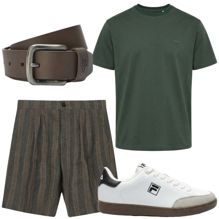 Outfit uomo - Serate. Stile Trendy per Serata speciale. Abbinamento con sneakers, t-shirt, cinture, bermuda.