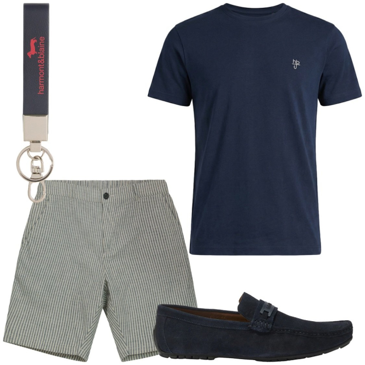 Outfit uomo - Serate estive. Stile Trendy per Tutti i giorni. Abbinamento con portachiavi, scarpe stringate, t-shirt, bermuda.