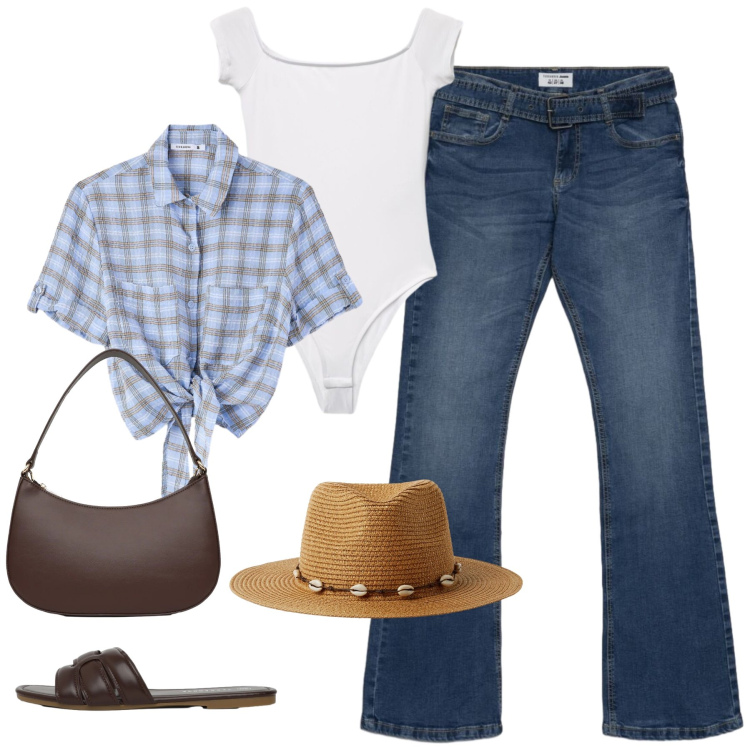 Outfit donna - country boho. Stile Boho per Tutti i giorni. Abbinamento con camicie a manica corta, cappelli, jeans a zampa, borse a tracolla, ciabatte, t-shirt.